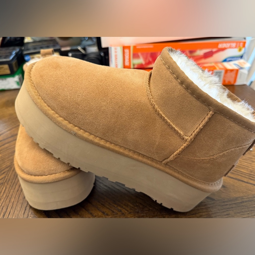 UGG Chestnut Suede Platform Shearling-Lined Slip-On Bootie